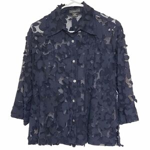 🟢1280 * Elementz Sheer Floral Applique Button Down Blouse Navy Blue Size L
